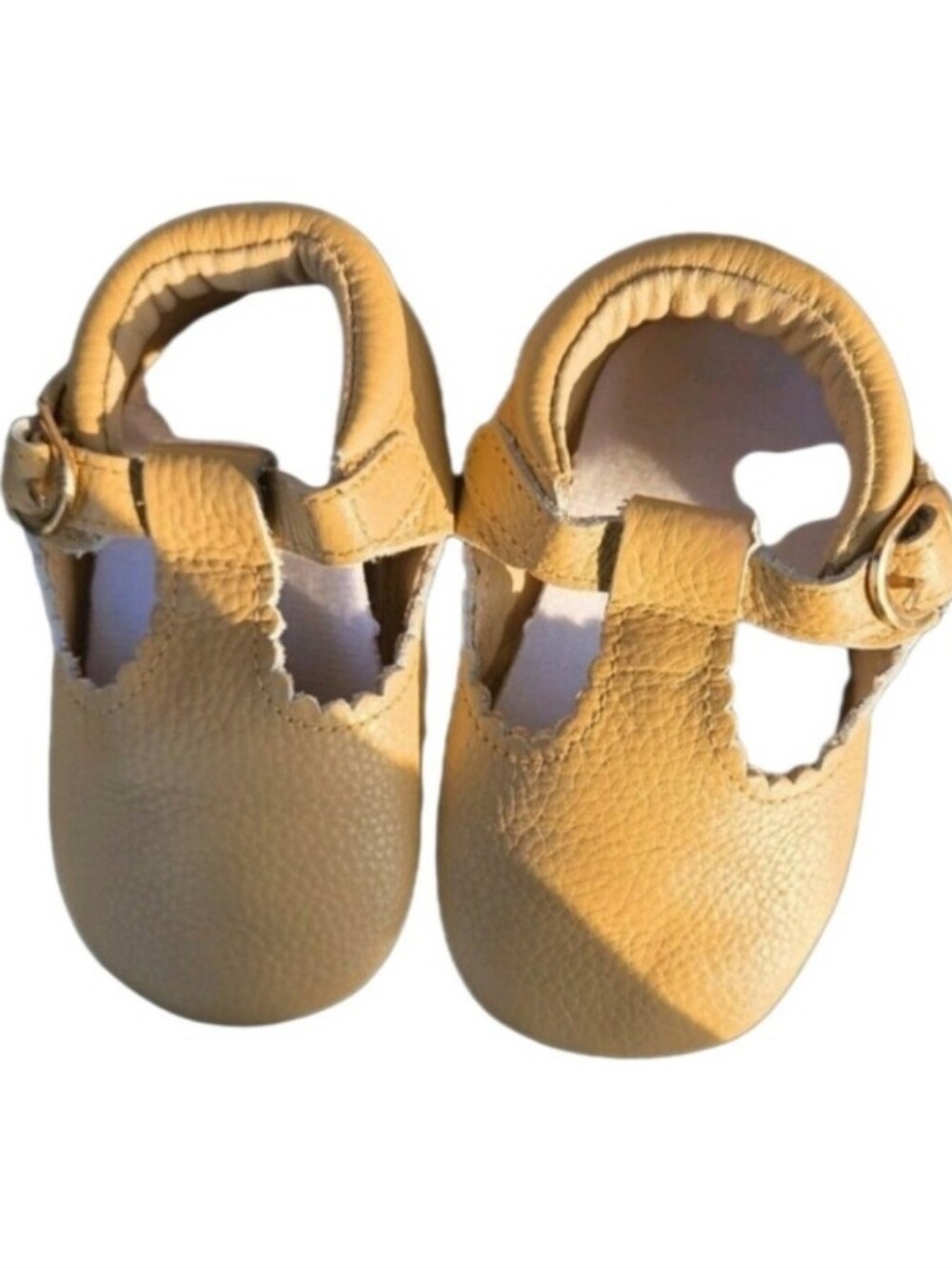 Little Love Bug Co. Leather T-Bar Scallop M J Shoes - Camel/Nude 5 (18-24m)